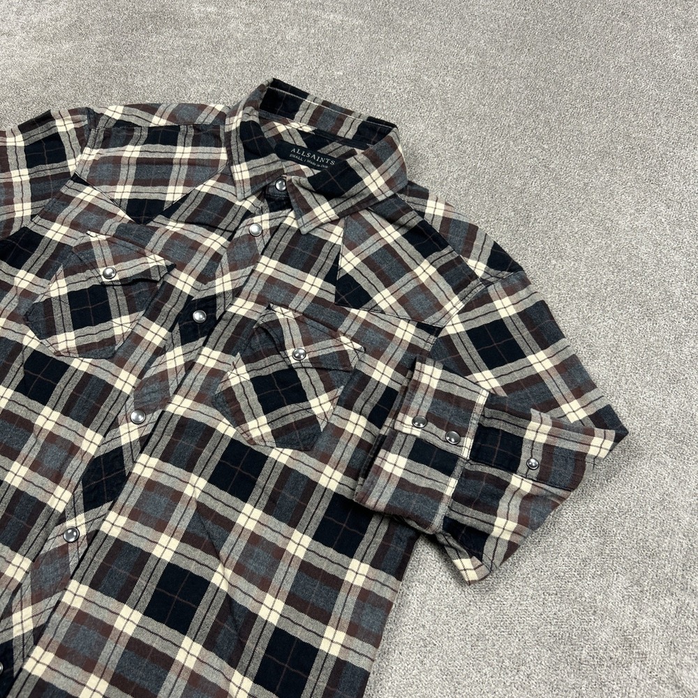AllSaints Spitalfields Shirt Mens Small Plaid 3/4 Sleeve Snap Western Casual